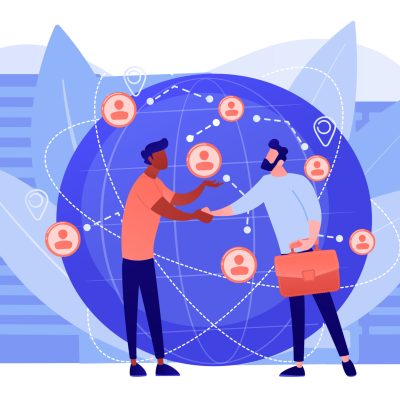 Successful partnership negotiation, partners handshaking. International business, global business collaboration, international teamwork concept. Pinkish coral bluevector isolated illustration